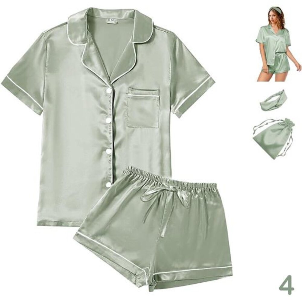 4-Piece Women's Satin Pajama Set – Silky Short Sleeve Sleepwear